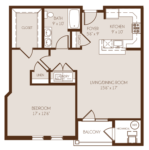 Floor plan for 1 bed, 1 bath, 868 sqft