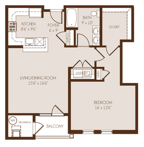 Floor plan for 1 bed, 1 bath, 836 sqft