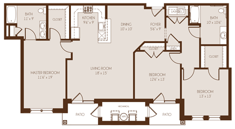 Floor plan for 3 beds, 2 baths, 1531 sqft
