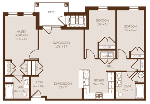 Floor plan for 3 beds, 2 baths, 1267 sqft