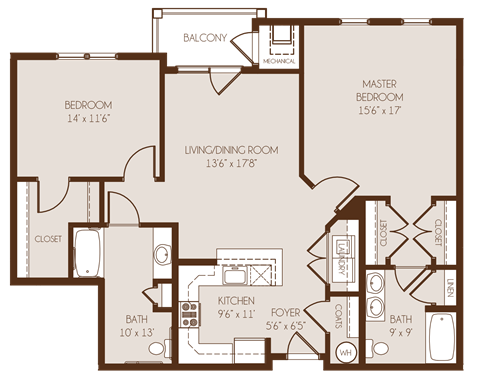 Floor plan for 2 beds, 2 baths, 1147 sqft