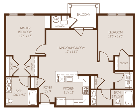 Floor plan for 2 beds, 2 baths, 1023 sqft