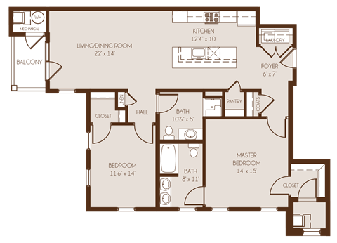 Floor plan for 2 beds, 2 baths, 1110 sqft