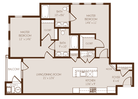 Floor plan for 2 beds, 2 baths, 1076 sqft