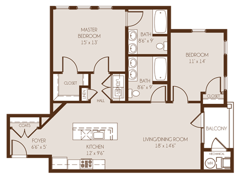 Floor plan for 2 beds, 2 baths, 1025 sqft