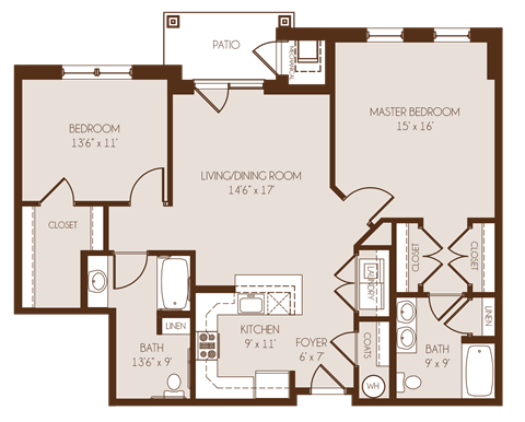 Floor plan for 2 beds, 2 baths, 1111 sqft