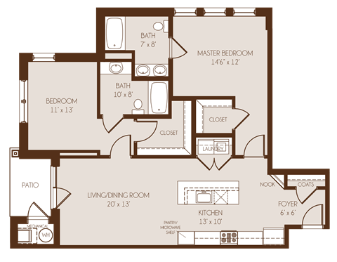 Floor plan for 2 beds, 2 baths, 1064 sqft