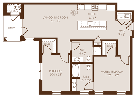 Floor plan for 2 beds, 2 baths, 1030 sqft