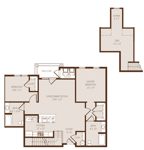 Floor plan for 2 beds, 2 baths, 1337 sqft