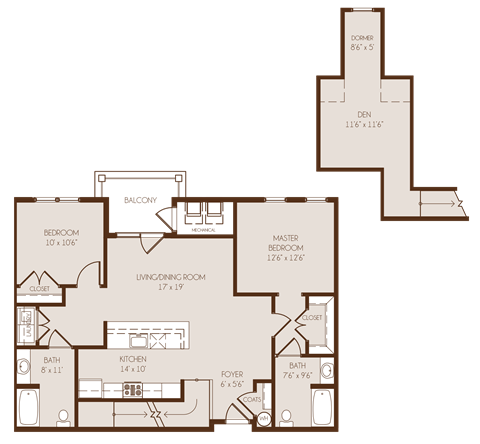 Floor plan for 2 beds, 2 baths, 1163 sqft