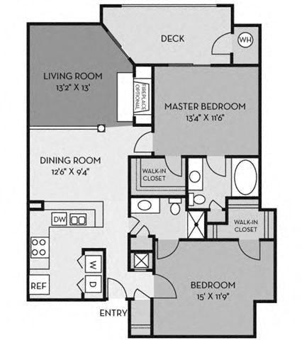 Floor plan for 2 beds, 2 baths, 1168 sqft