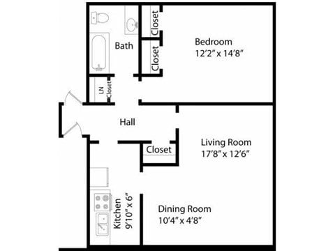 Floor plan for 1 bed, 1 bath, 700 sqft