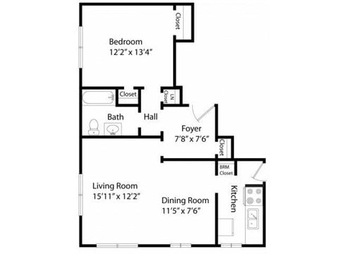 Floor plan for 1 bed, 1 bath, 720 sqft