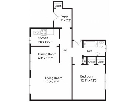 Floor plan for 1 bed, 1 bath, 757 sqft