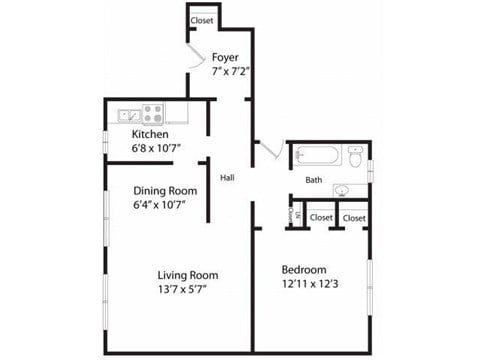 Floor plan for 1 bed, 1 bath, 757 sqft