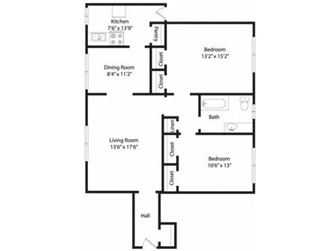 Floor plan for 2 beds, 1 bath, 1000 sqft