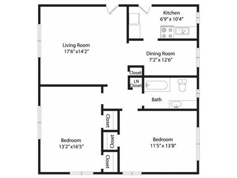 Floor plan for 2 beds, 1 bath, 910 sqft