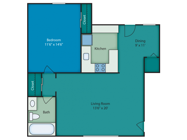 Floor plan for 1 bed, 1 bath, 750 sqft