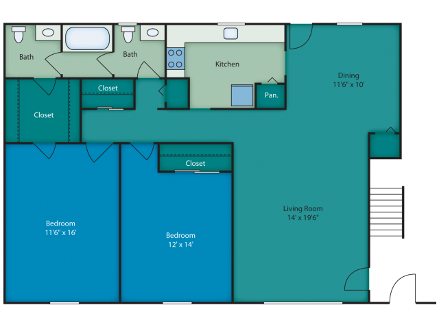 Floor plan for 2 beds, 1.5 baths, 1150 sqft