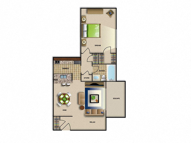 Floor plan for 1 bed, 1 bath, 779 sqft