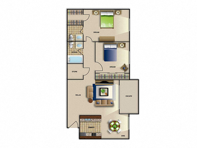 Floor plan for 2 beds, 1.5 baths, 1022 sqft