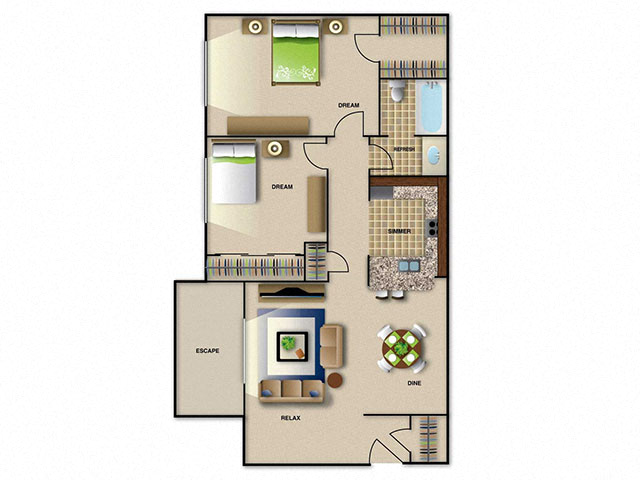 Floor plan for 2 beds, 1 bath, 940 sqft