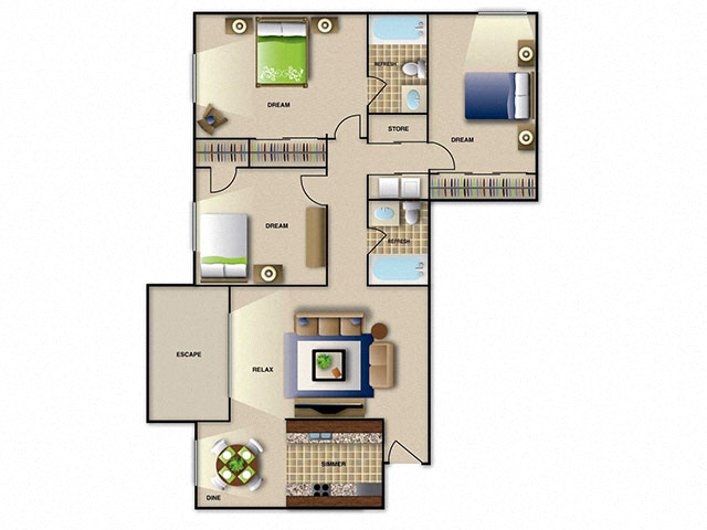 Floor plan for 3 beds, 2 baths, 1183 sqft
