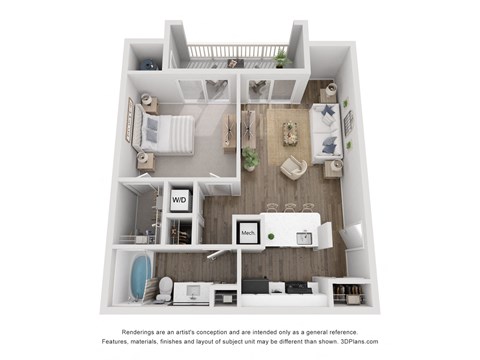 Floor plan for 1 bed, 1 bath, 688 sqft