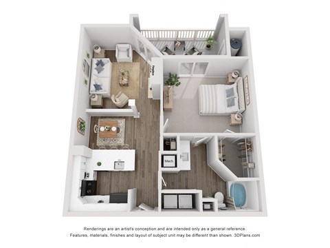 Floor plan for 1 bed, 1 bath, 874 sqft