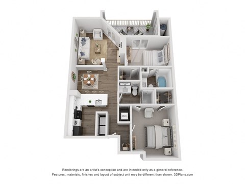 Floor plan for 2 beds, 2 baths, 1131 sqft