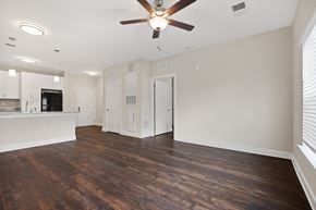Raleigh apartment for rent - an empty living room with a ceiling fan and a kitchen