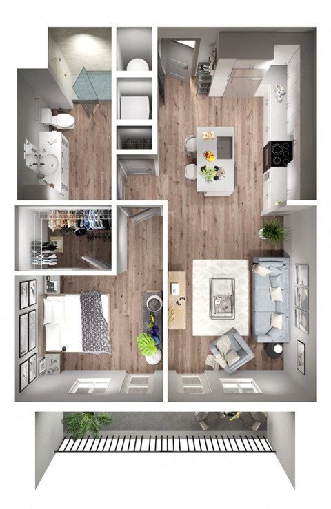 Floor plan for 1 bed, 1 bath, 676 sqft