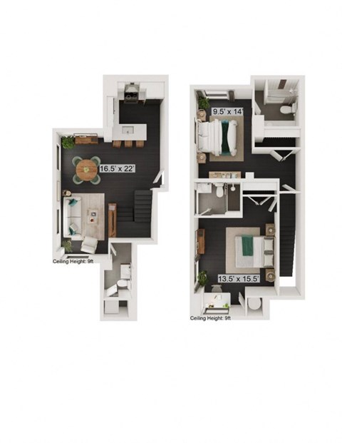 Floor plan for 2 beds, 2.5 baths, 1183 sqft
