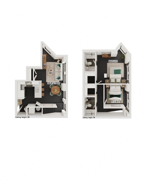 Floor plan for 2 beds, 2 baths, 976 sqft
