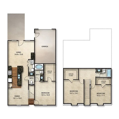 Floor plan for 3 beds, 2.5 baths, 1600 sqft