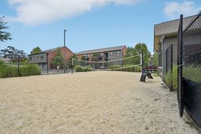 Dublin apartment for rent - A sandy volleyball court with a net and a fence.