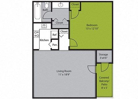 Floor plan for 1 bed, 1 bath, 585 sqft