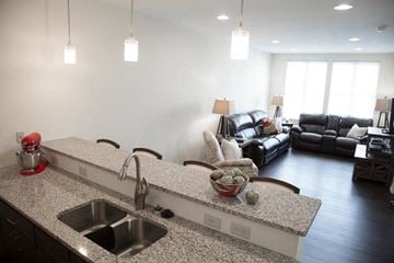 Roanoke apartment for rent - a kitchen with a sink and a living room with a couch