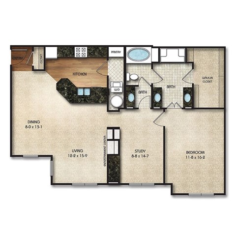 Floor plan for 1 bed, 1 bath, 1150 sqft