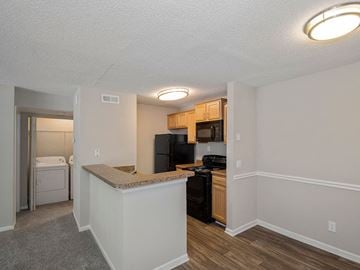 Raleigh apartment for rent - A kitchen with a black refrigerator and stove.