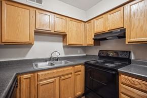 Raleigh apartment for rent - an empty kitchen with wood cabinets and black appliances