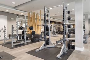 Columbus apartment for rent - a gym with weights and dumbbells on the floor at The Charleston, Columbus