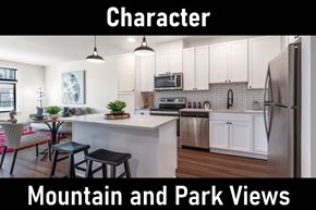 Frederick apartment for rent - A kitchen with a refrigerator, stove, and a dining table with chairs.