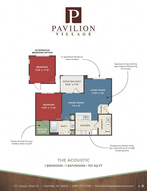 Floor plan for 1 bed, 1 bath, 701 sqft