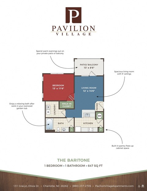Floor plan for 1 bed, 1 bath, 647 sqft