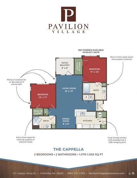 Floor plan for 2 beds, 2 baths, 1088 sqft