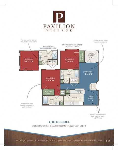 Floor plan for 2 beds, 2 baths, 1031 sqft