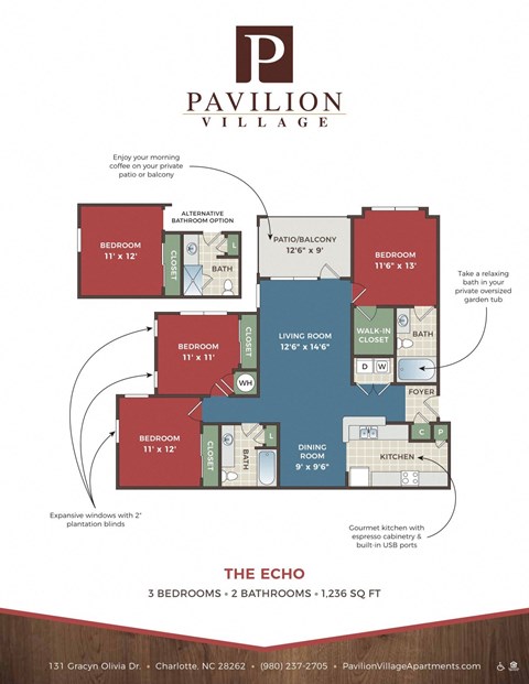 Floor plan for 3 beds, 2 baths, 1236 sqft