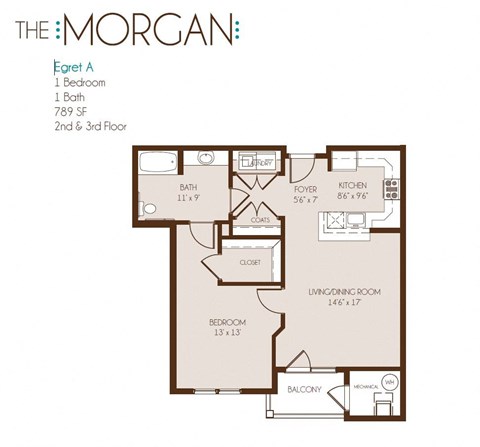Floor plan for 1 bed, 1 bath, 789 sqft