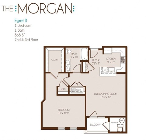 Floor plan for 1 bed, 1 bath, 868 sqft